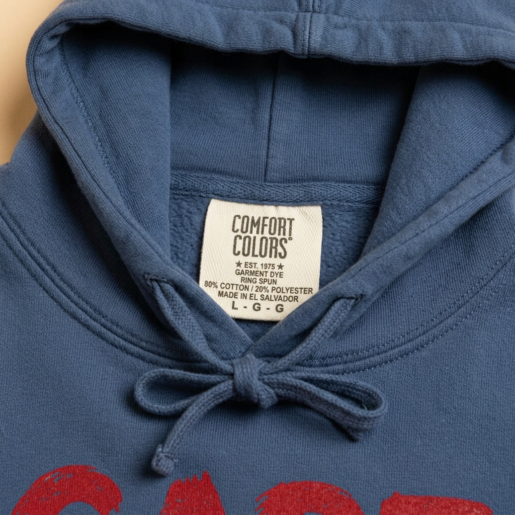 Cape Cod navy hoodie neckline stitching drawcord and Comfort Colors label detail