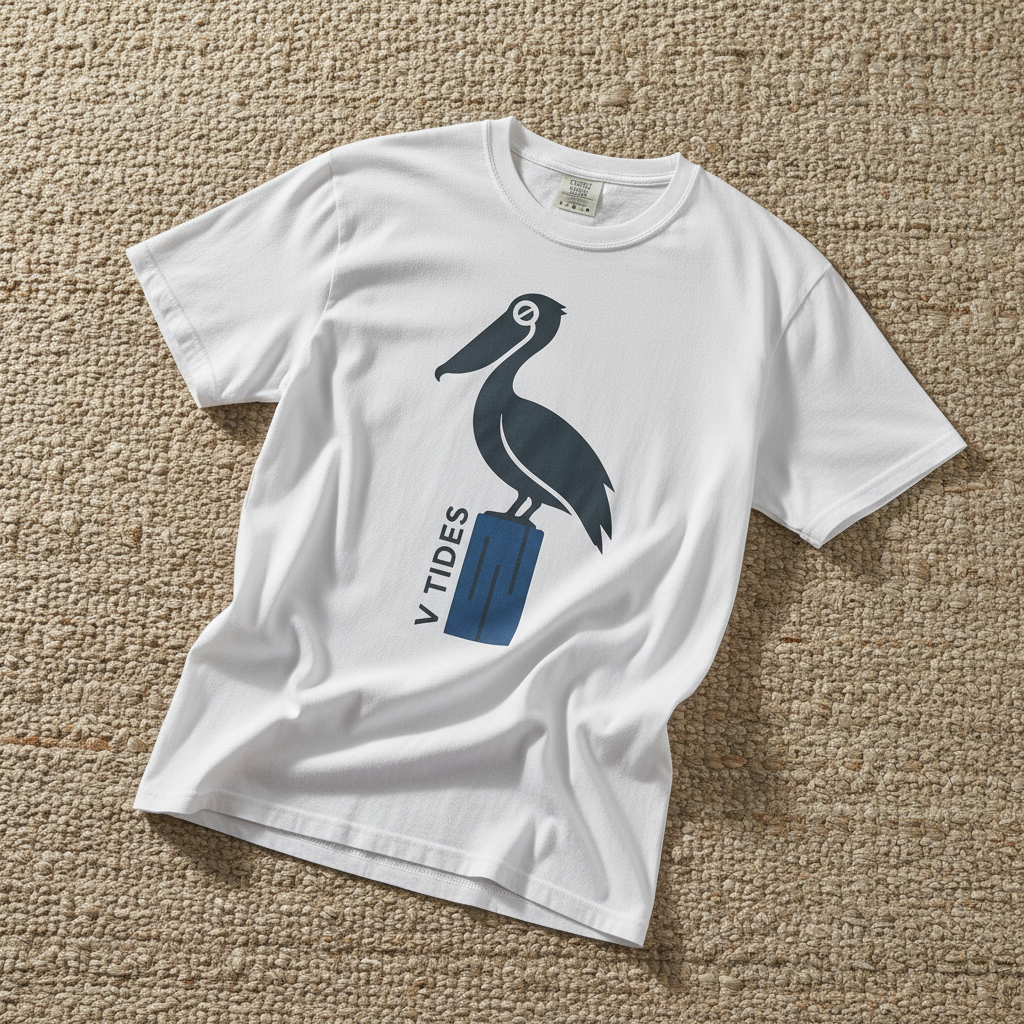 Pelican Dock V Tides coastal graphic t-shirt in White casually tossed on a light sand-colored woven rug, coastal lifestyle product photo