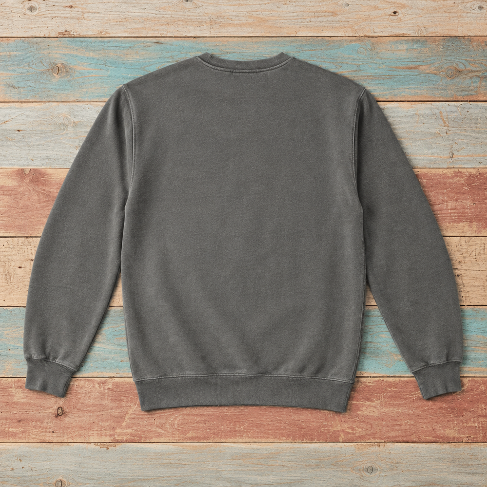 Plain back of Kennebunkport crewneck sweatshirt in Pepper on colorful weathered driftwood boards
