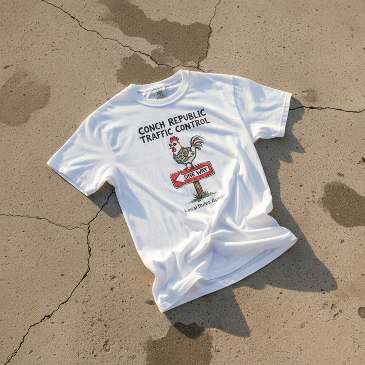 Conch Republic Traffic Control white garment-dyed tee on light cracked cement with wet marks
