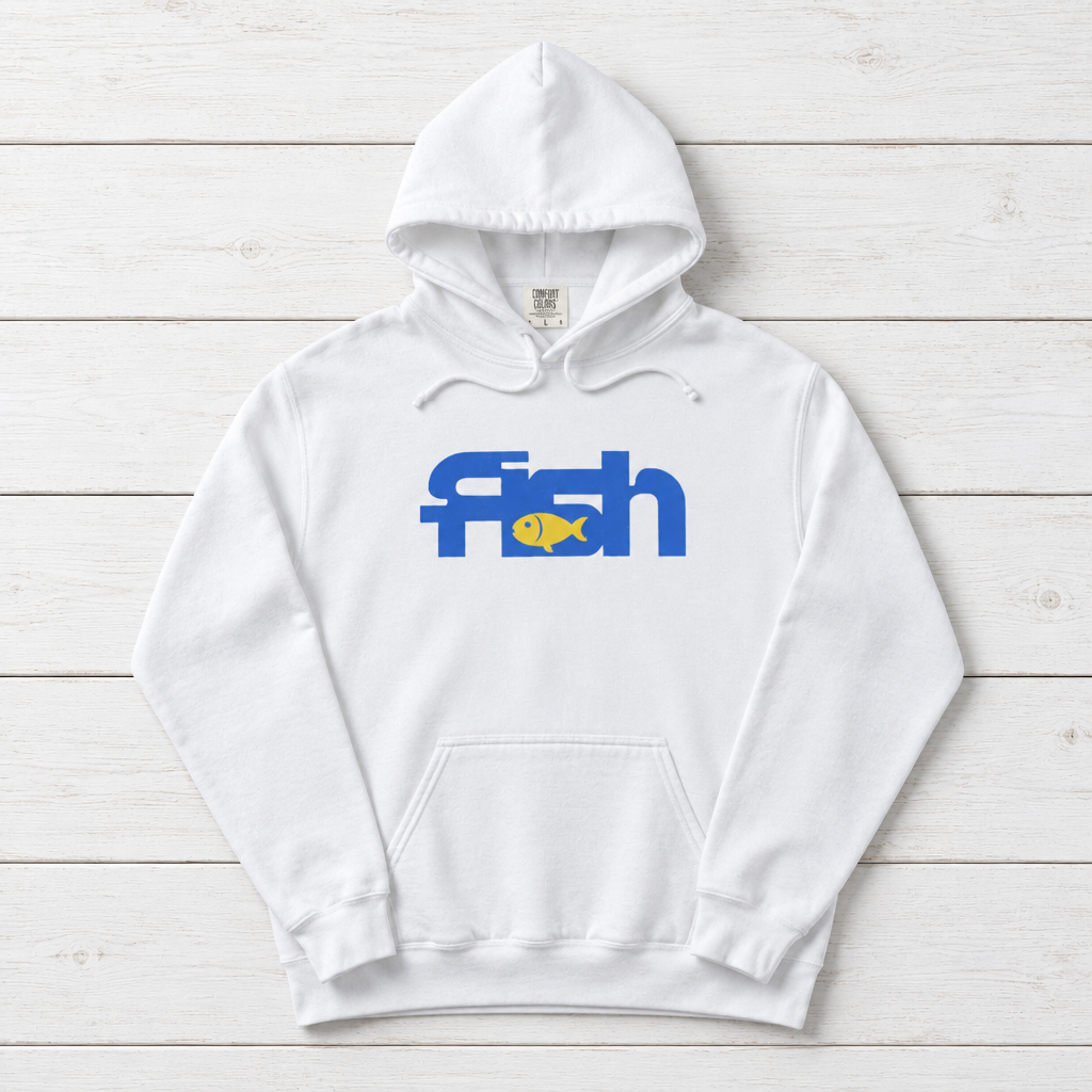 White Fish hoodie front flat lay on whitewashed boards