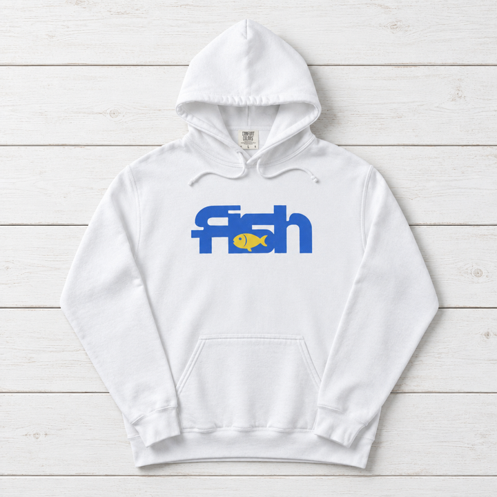 White Fish hoodie front flat lay on whitewashed boards