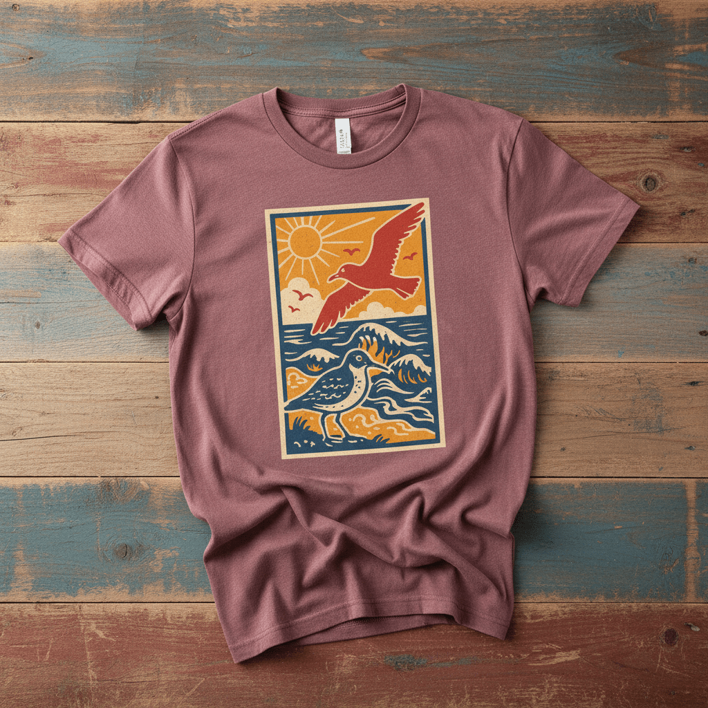 Ocean Beach Summer Breeze brick garment-dyed tee tossed on retro-grunge driftwood planks