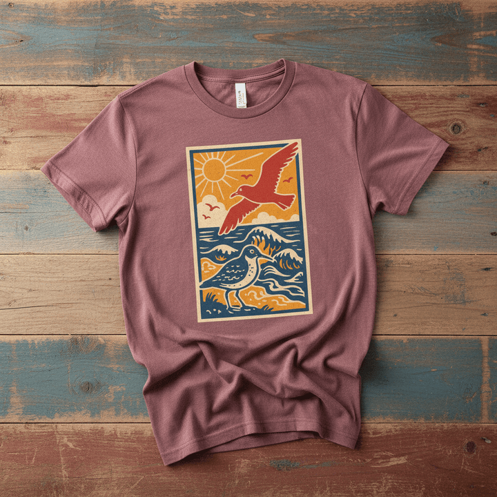 Ocean Beach Summer Breeze brick garment-dyed tee tossed on retro-grunge driftwood planks