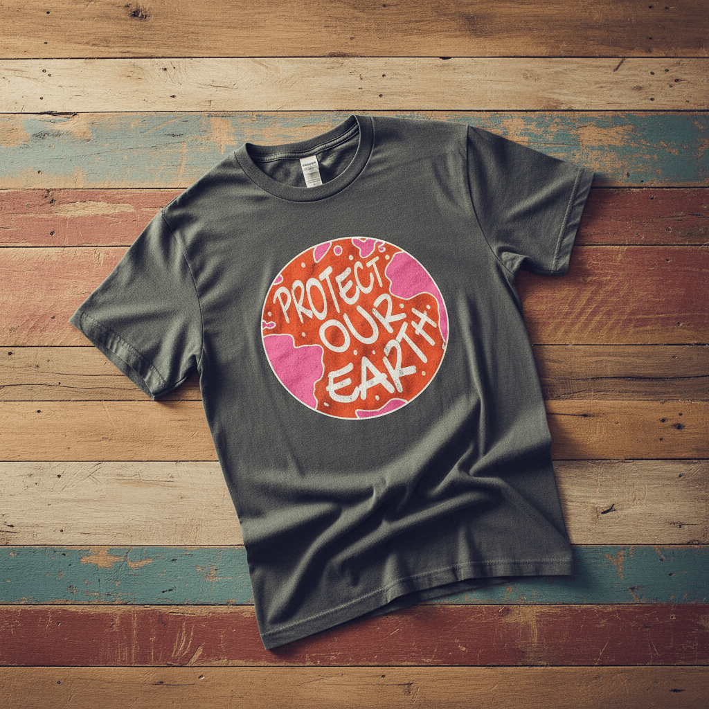 Protect Our Earth Dystopia pepper garment-dyed tee tossed on retro-grunge driftwood planks
