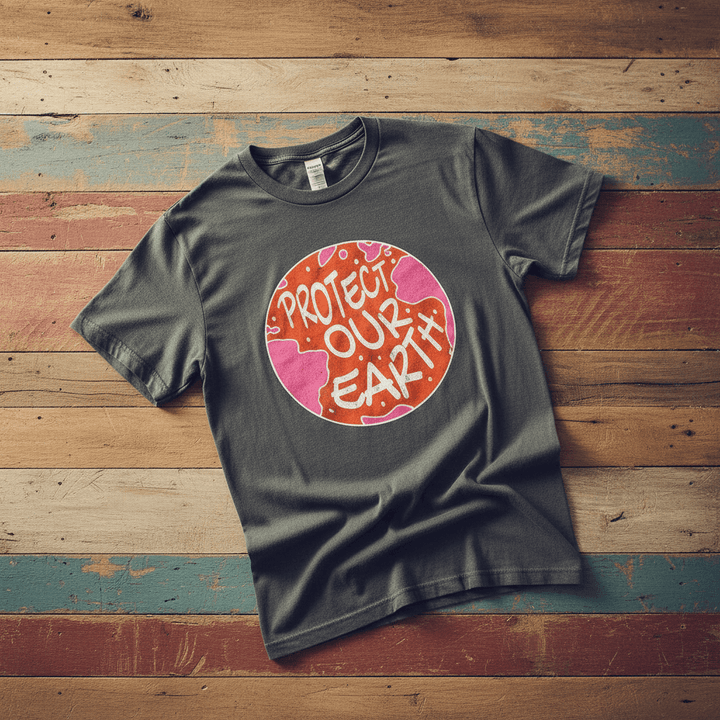 Protect Our Earth Dystopia pepper garment-dyed tee tossed on retro-grunge driftwood planks