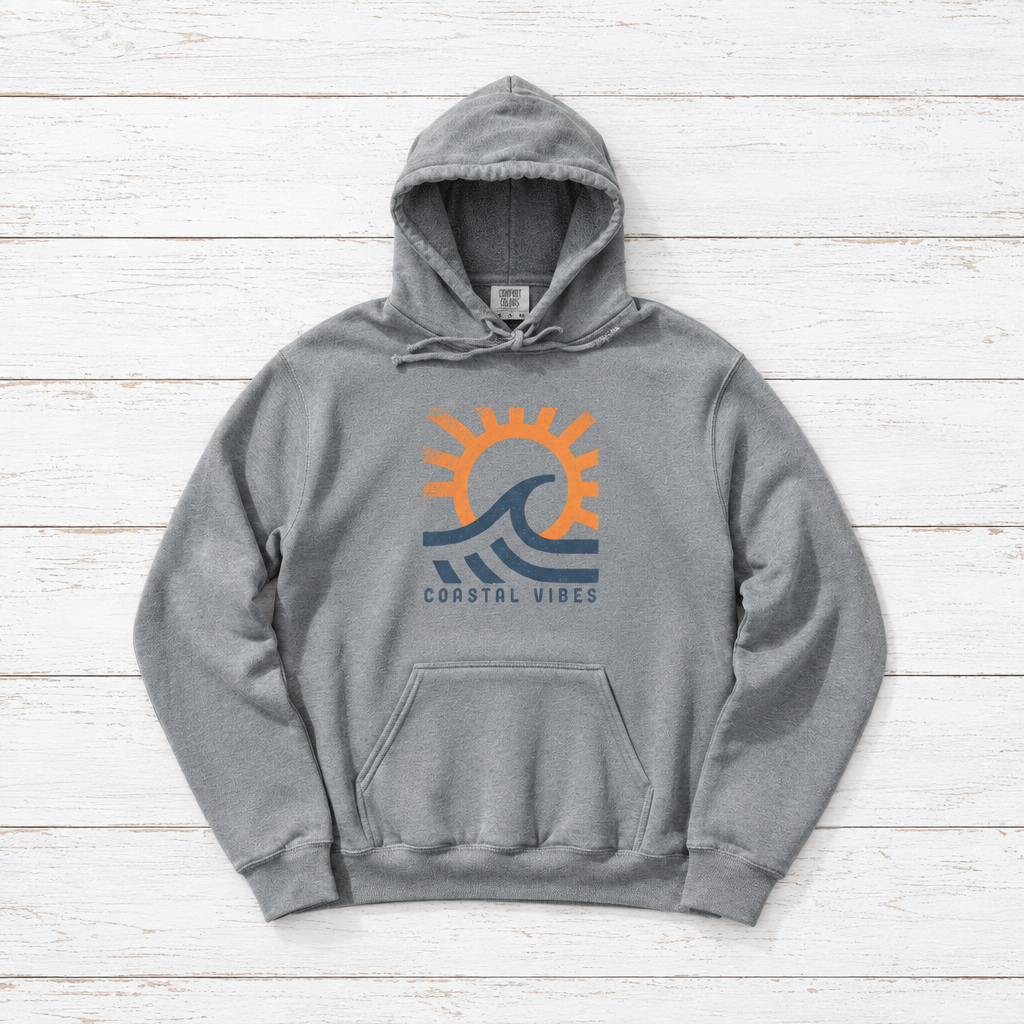 Coastal Vibes Beach hoodie flat lay on whitewashed boards