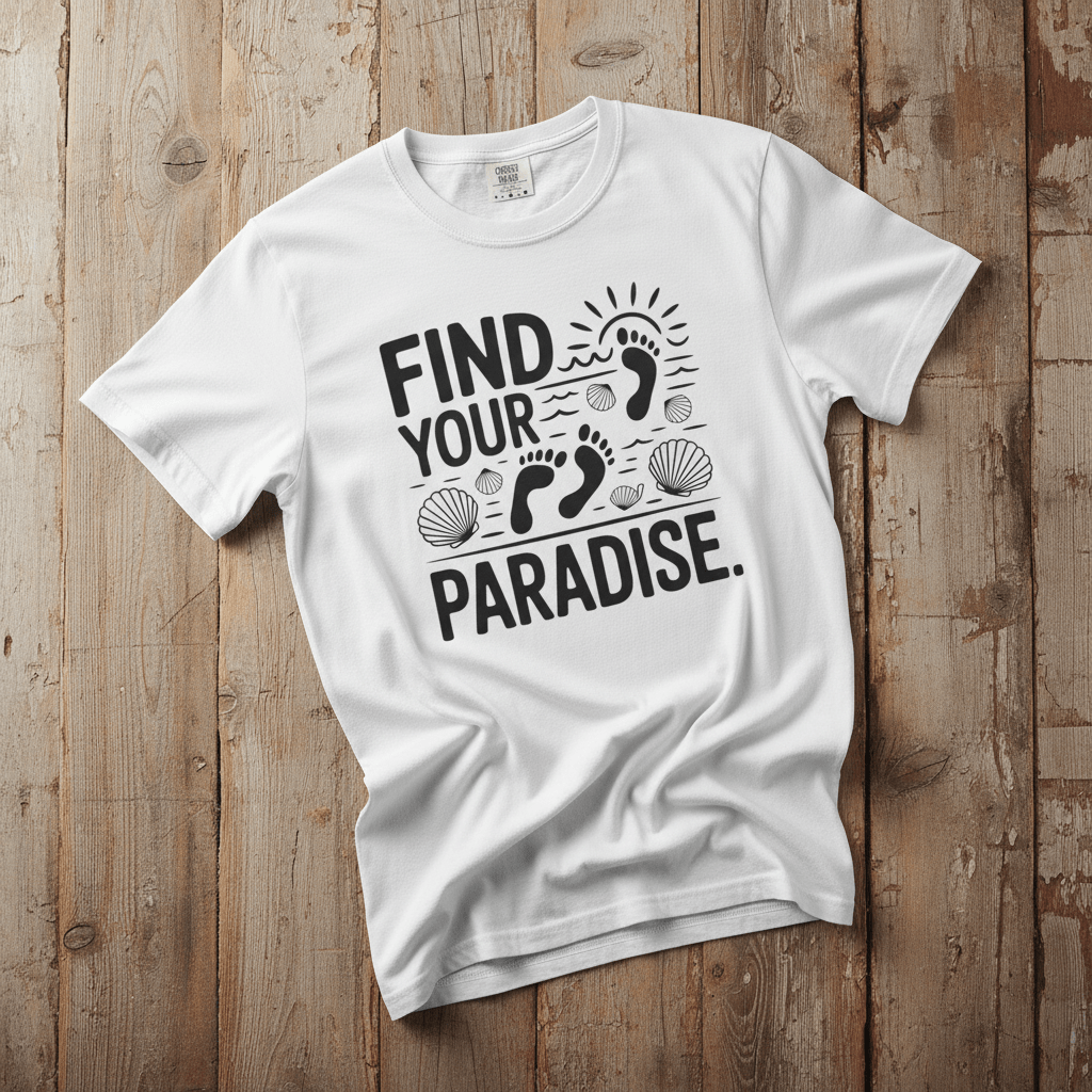 Find Your Paradise white garment-dyed footprints tee casually tousled on rustic reclaimed wood