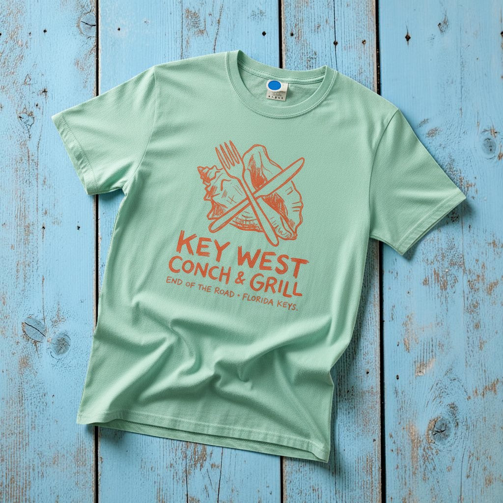 Conch &amp; Grill Tee — Mint Green / Orange Graphic on Sand Rug