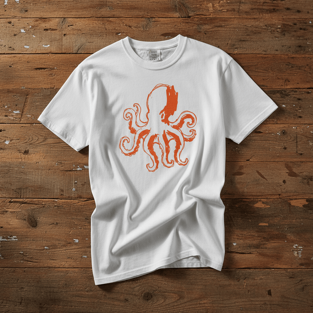Octopus Stenciled white garment-dyed tee casually tousled on rustic reclaimed wood