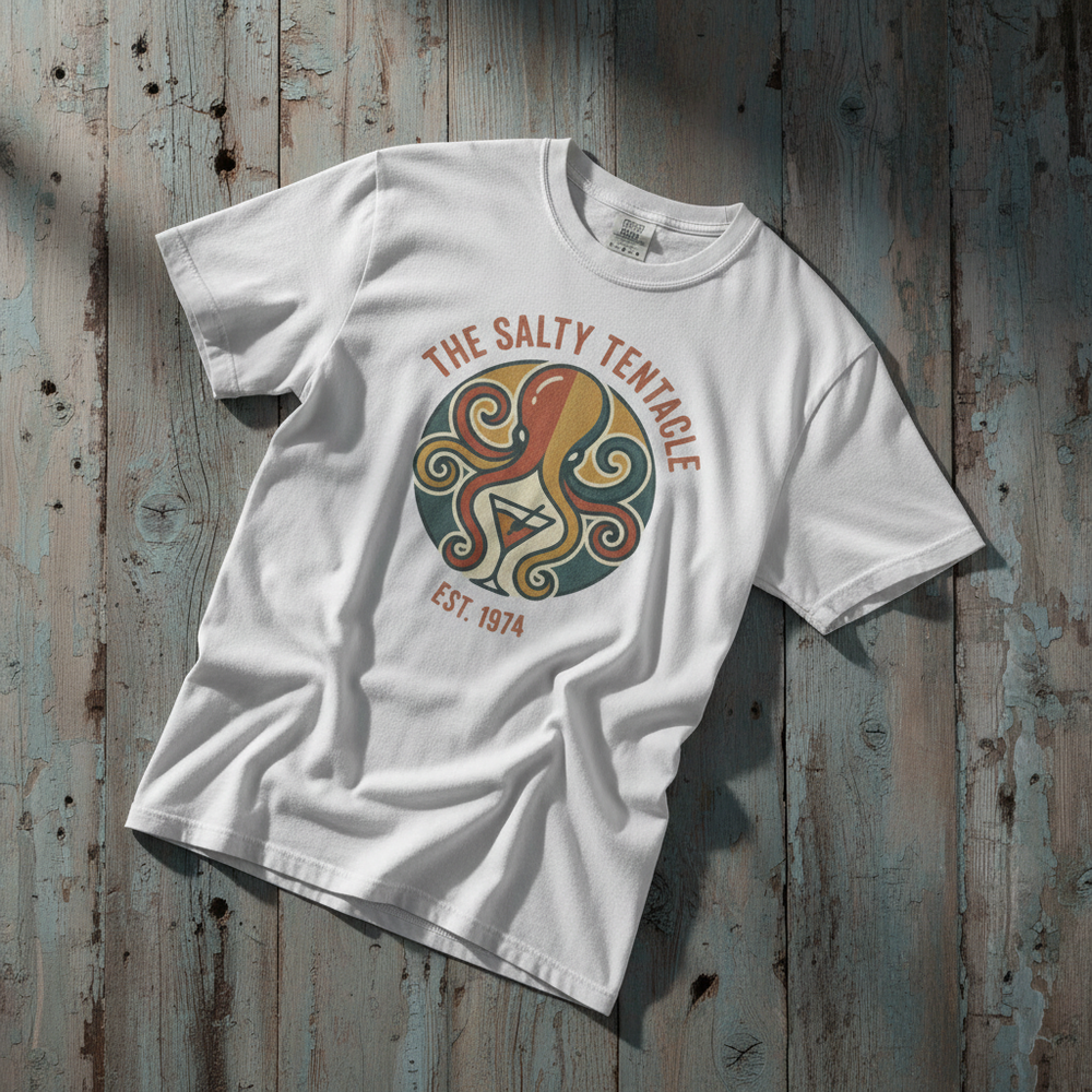 Salty Tentacle Bar white garment-dyed tee casually tousled on rustic reclaimed wood