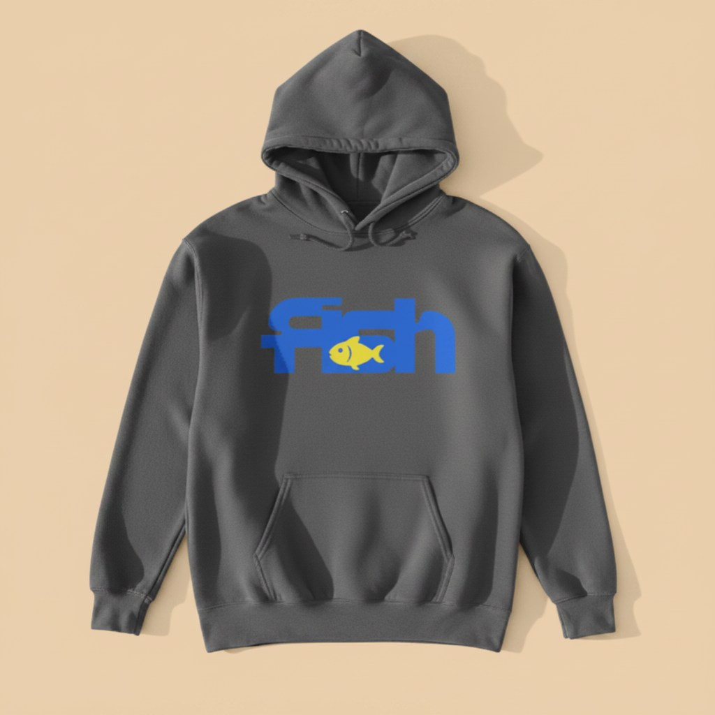 Fish Hoodie in Grey — front graphic, warm sand studio background