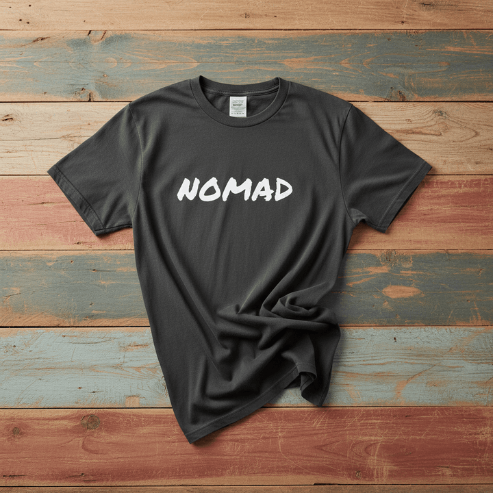Flatlay - charcoal NOMAD tee on driftwood