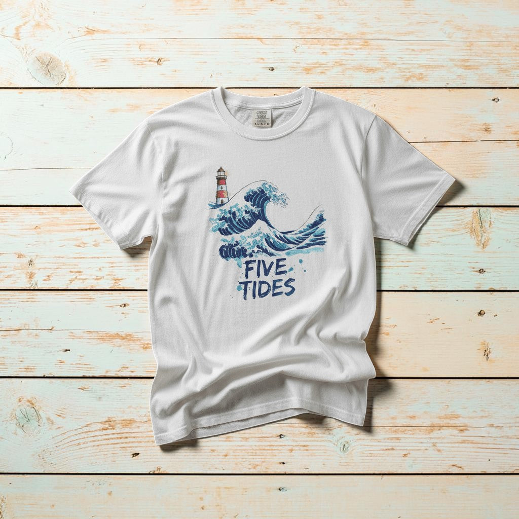 Wave &amp; Lighthouse white garment-dyed tee casually tousled on rustic reclaimed wood