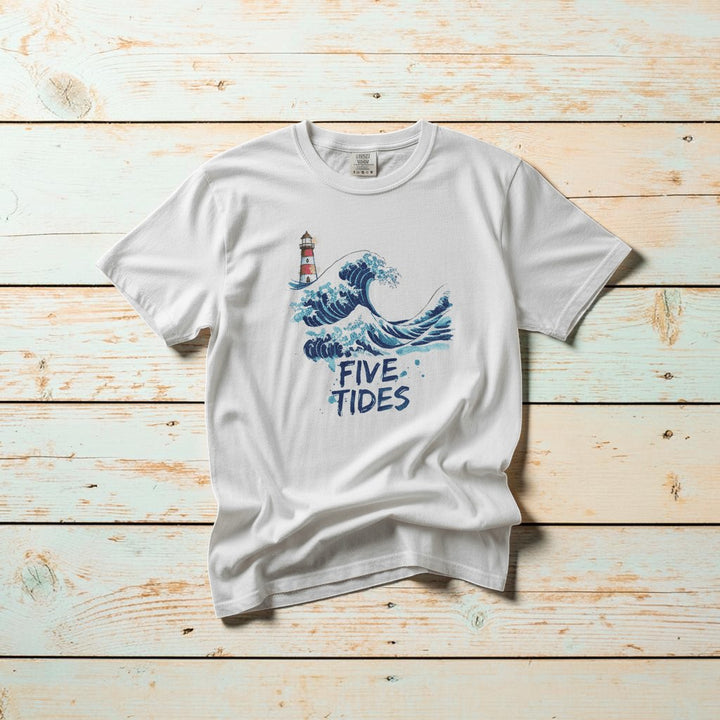 Wave &amp; Lighthouse white garment-dyed tee casually tousled on rustic reclaimed wood
