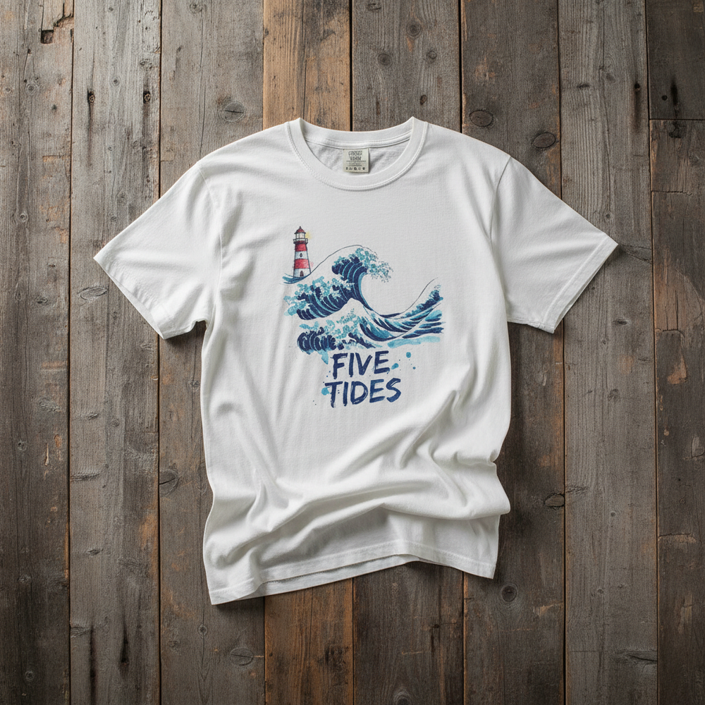 Wave & Lighthouse white garment-dyed tee casually tousled on rustic reclaimed wood