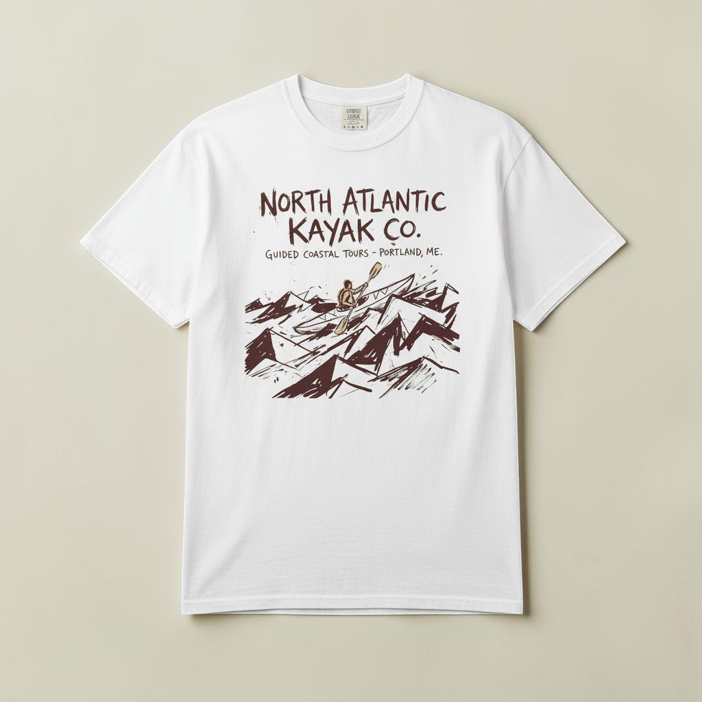 North Atlantic Kayak Co. Graphic Tee — White on Colorful Driftwood