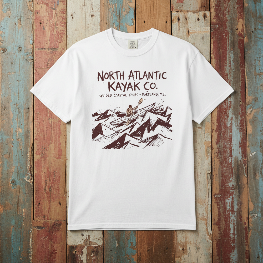 North Atlantic Kayak Co. Graphic Tee — White on Colorful Driftwood