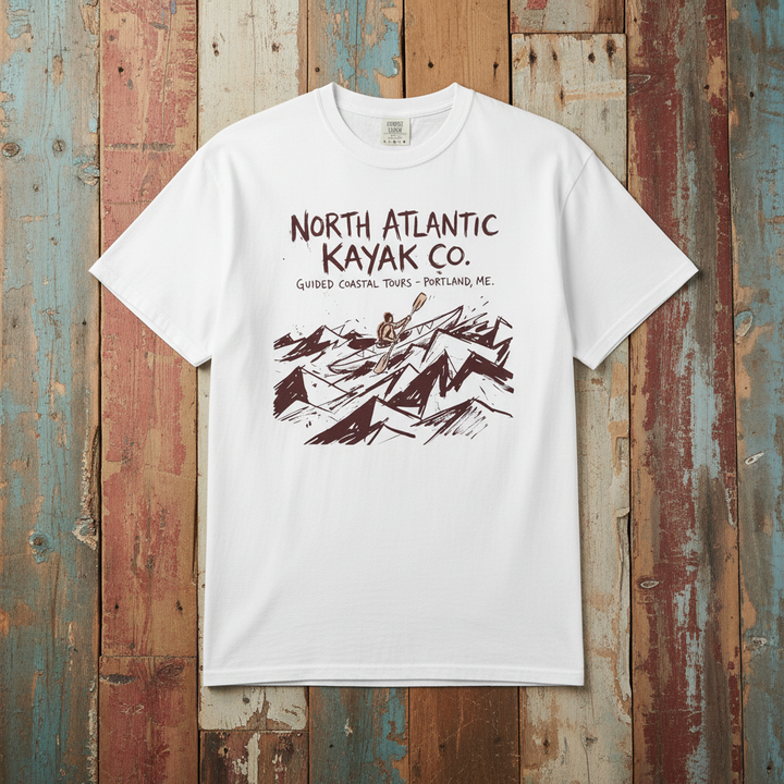 North Atlantic Kayak Co. Graphic Tee — White on Colorful Driftwood
