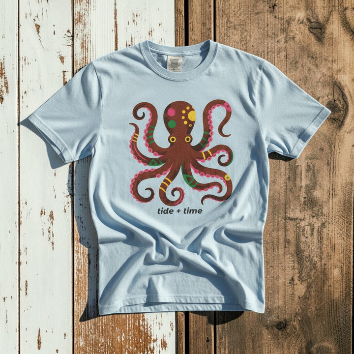 Tide + Time Octopus chambray garment-dyed tee casually tousled on rustic reclaimed wood