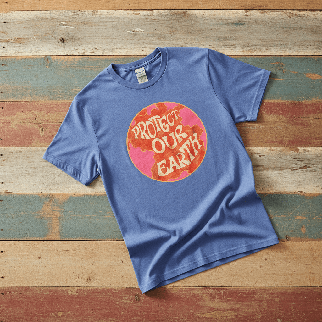 Protect Our Earth Dystopia mystic blue garment-dyed tee tossed on retro-grunge driftwood planks