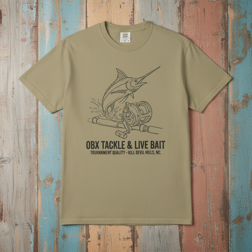 OBX Tackle & Live Bait Graphic Tee — Khaki on Colorful Driftwood