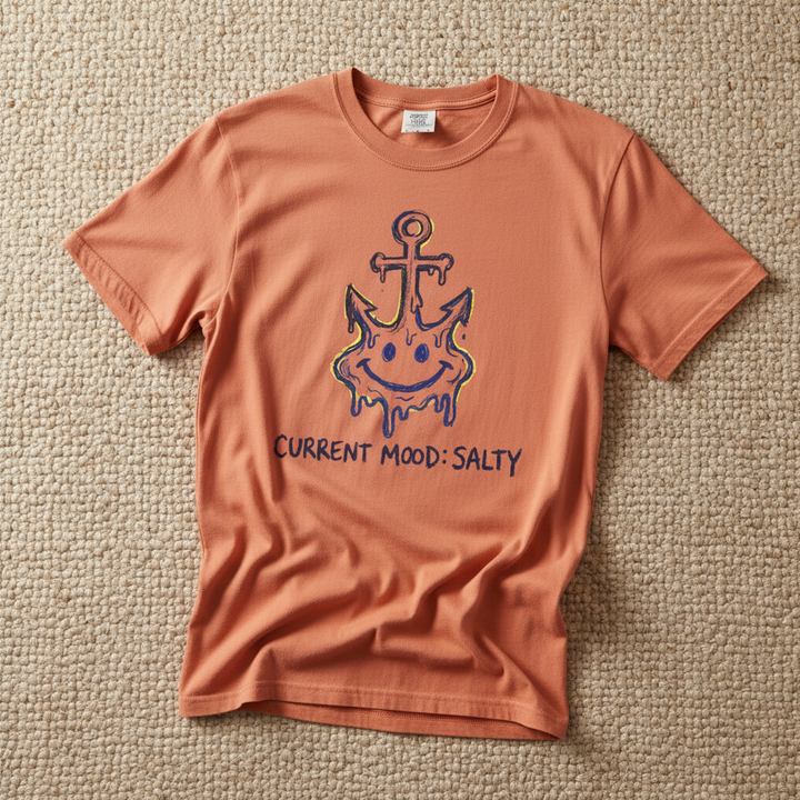 Salty Anchor Current Mood Salty graphic t-shirt in Terracotta rust casually tossed on a light sand-colored woven rug, coastal lifestyle product photo