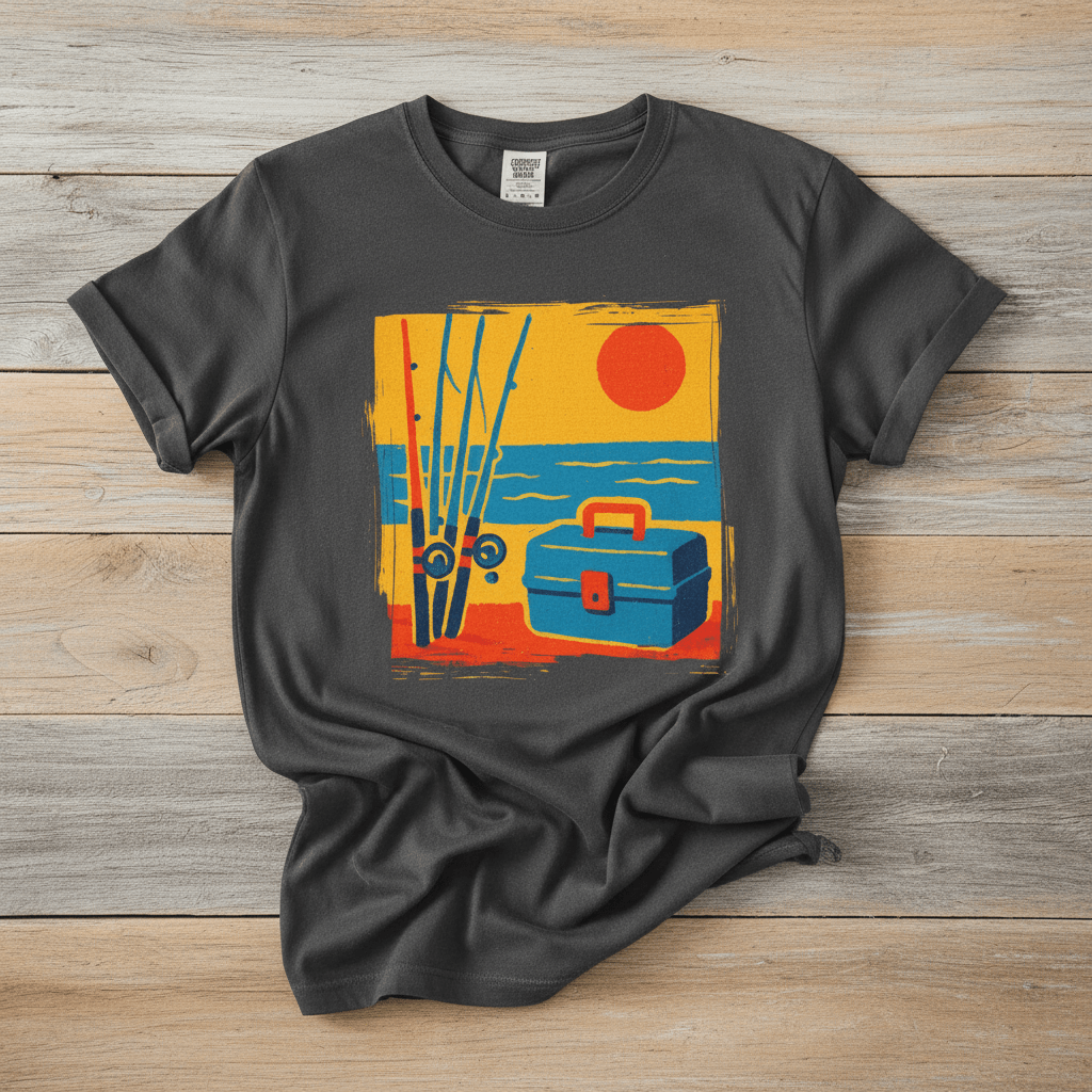 Vintage Tackle Box Sunset graphite garment-dyed tee on faded driftwood planks
