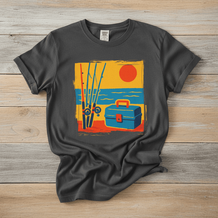 Vintage Tackle Box Sunset graphite garment-dyed tee on faded driftwood planks