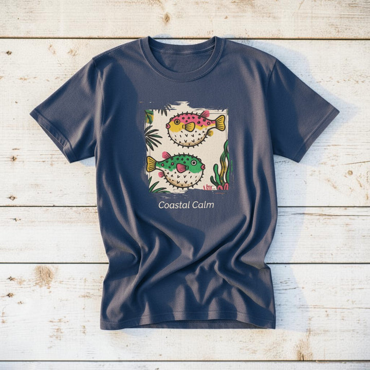Coastal Calm Pufferfish midnight blue garment-dyed tee on faded driftwood planks