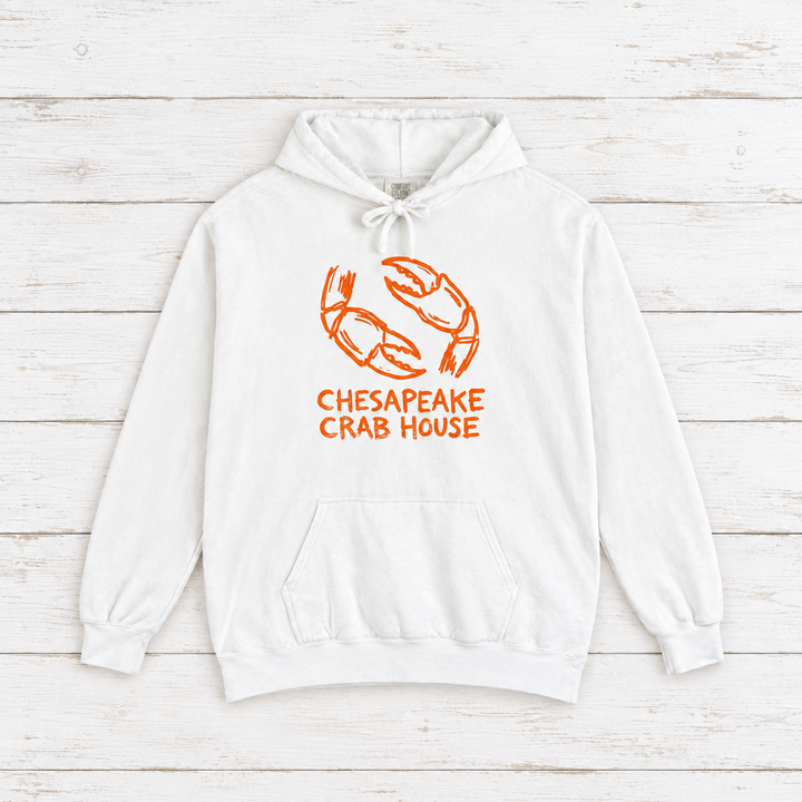 Chesapeake Crab House hoodie flat lay on whitewashed boards