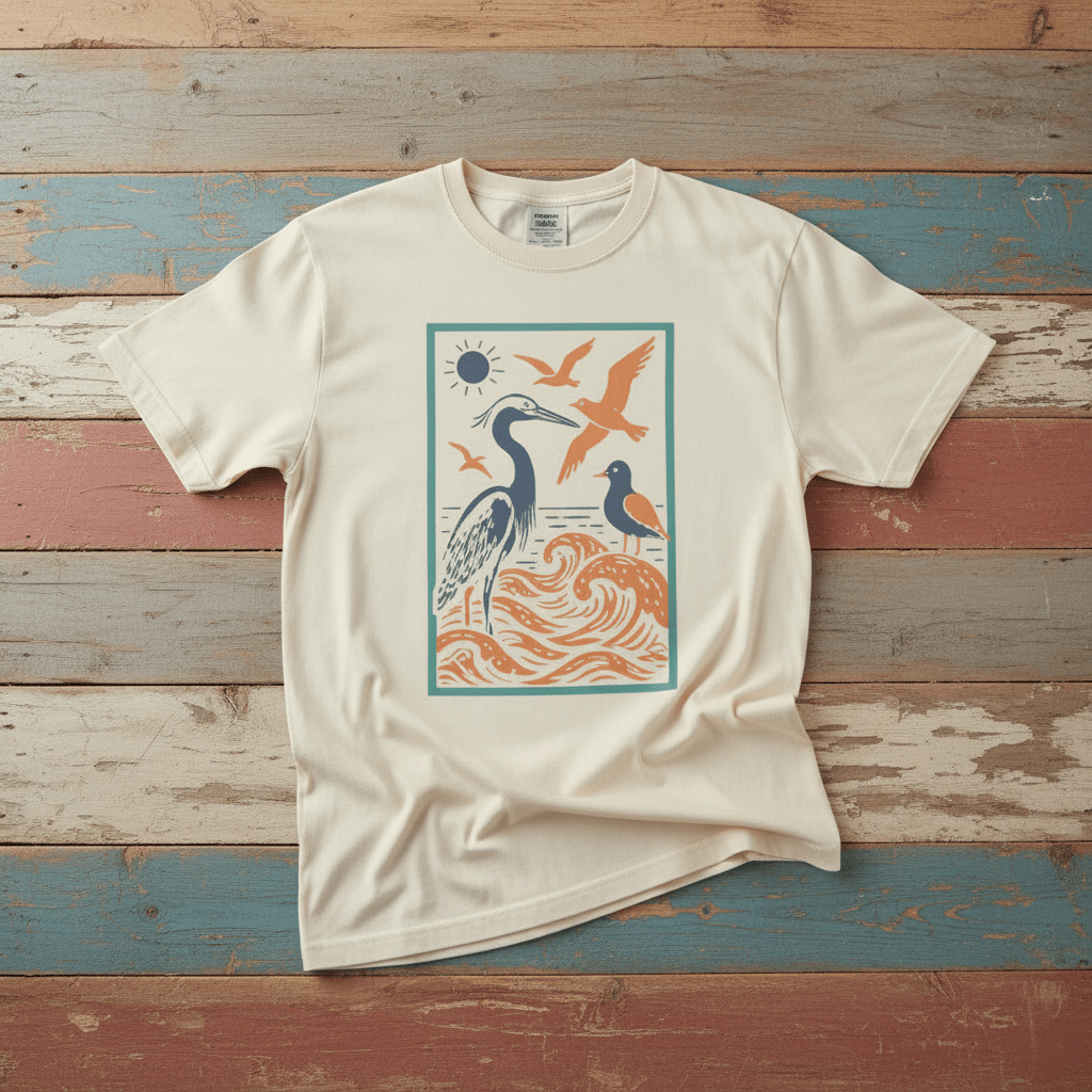 Serene Coastal Nature Scene ivory garment-dyed tee tossed on retro-grunge driftwood planks