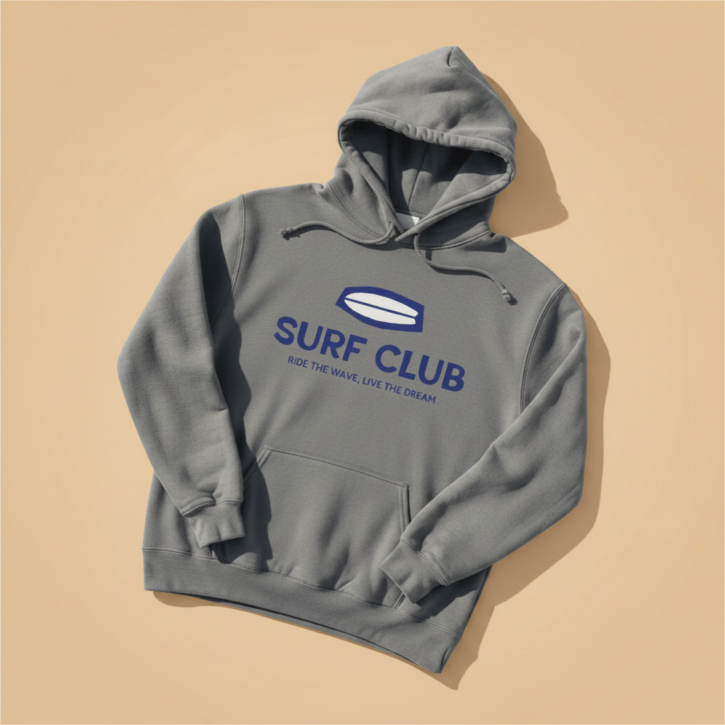 Surf Club Hoodie in Grey — front graphic, warm sand studio background