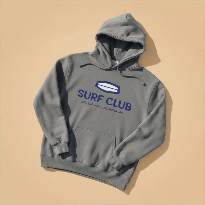 Surf Club Hoodie in Grey — front graphic, warm sand studio background