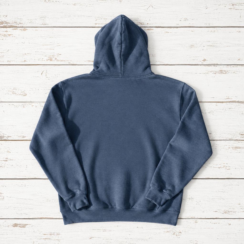 Coastal Lighthouse hoodie flat lay on whitewashed boards