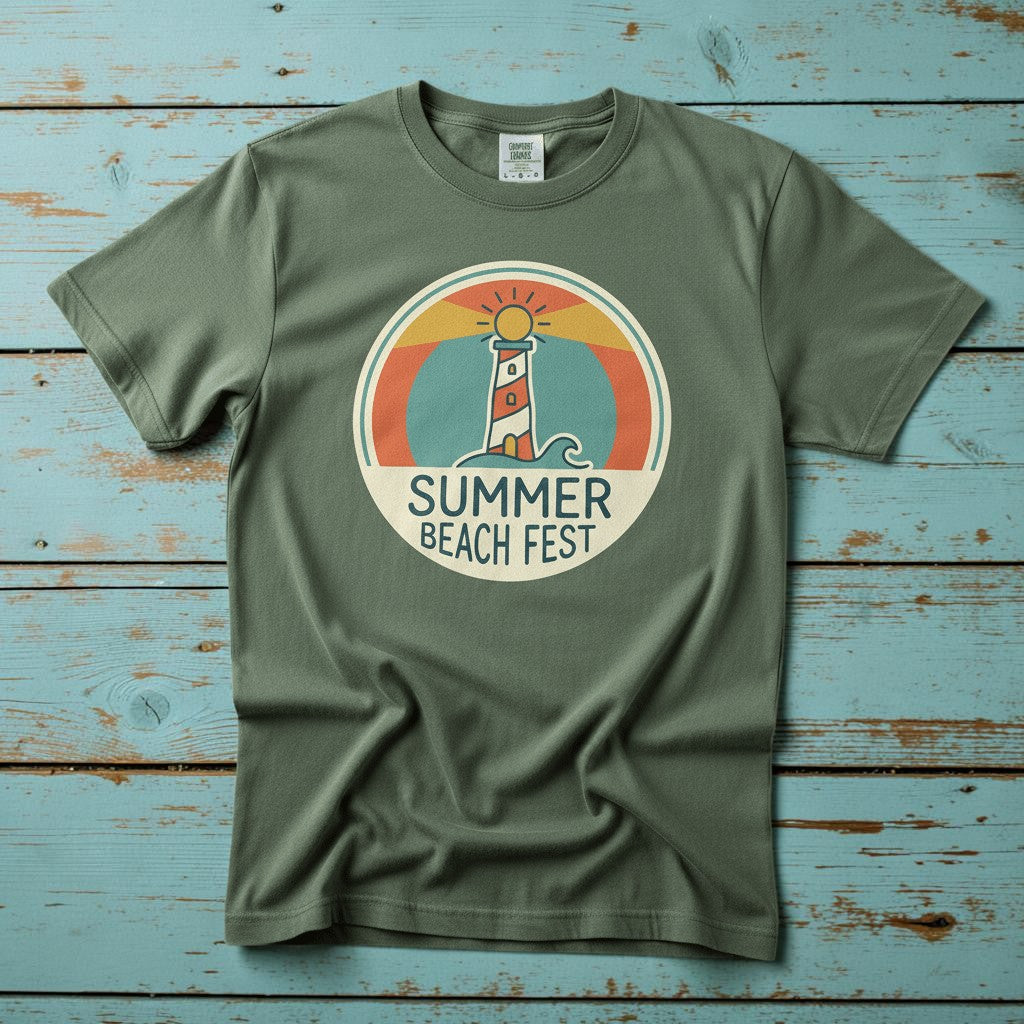 Summer Beach Fest sage garment-dyed tee on weathered wood planks