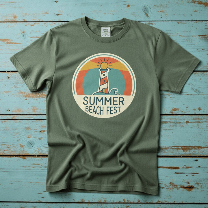 Summer Beach Fest sage garment-dyed tee on weathered wood planks