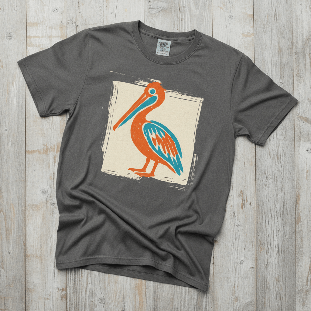 Colorful Beach Pelican pepper garment-dyed tee on faded driftwood planks