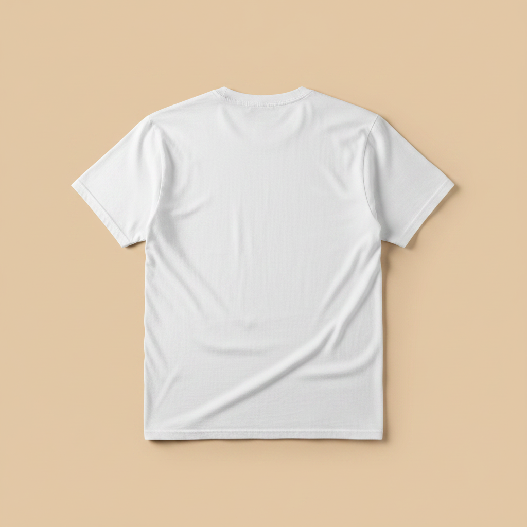 Anime Beach Tee in White — plain back, warm sand studio background