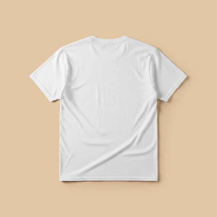 Anime Beach Tee in White — plain back, warm sand studio background