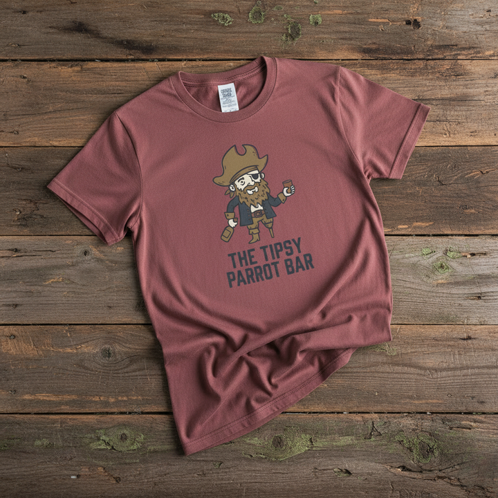 Tipsy Parrot Bar brick garment-dyed tee casually tousled on rustic reclaimed wood