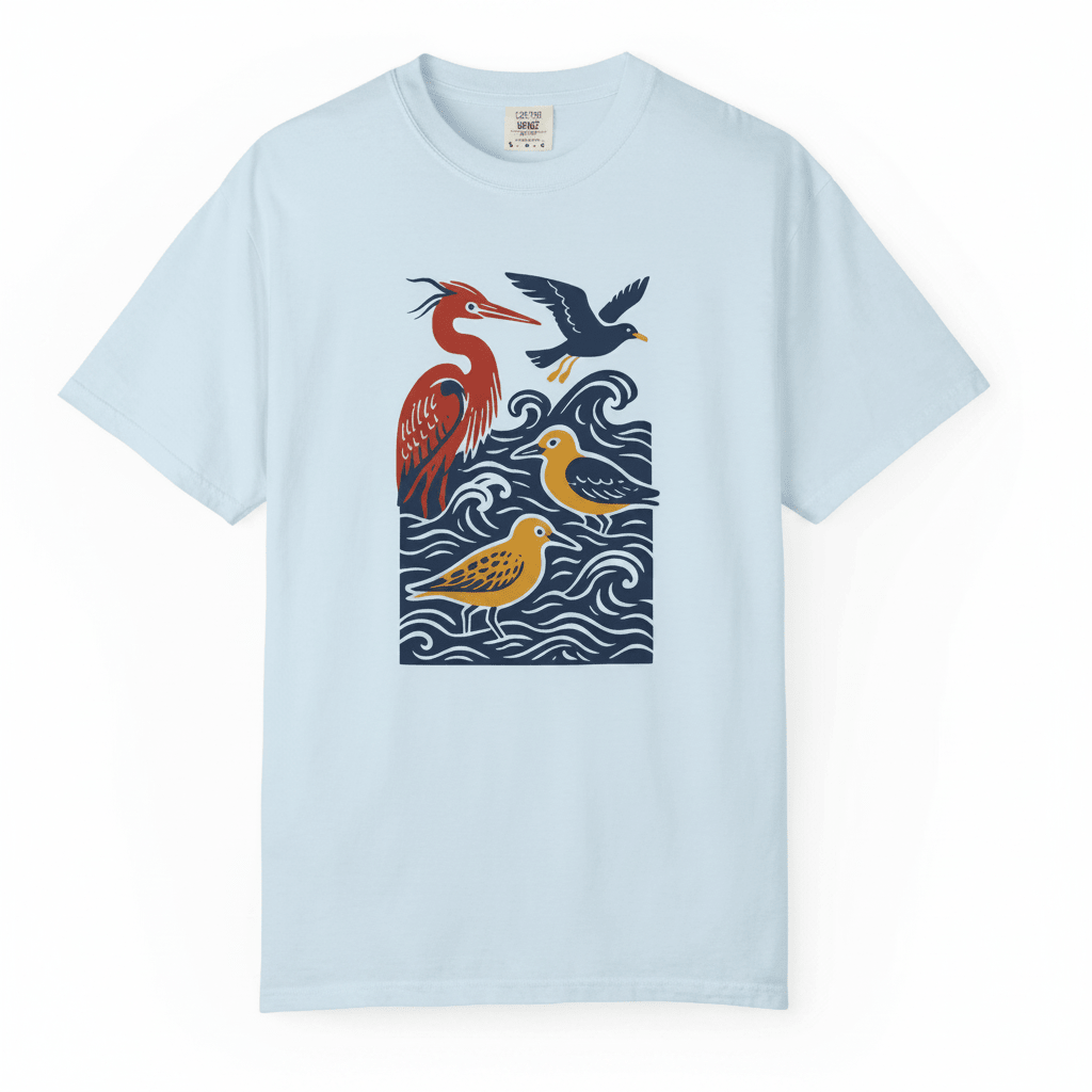 Sky blue coastal birds tee - white background