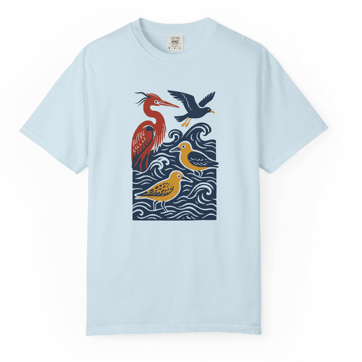 Sky blue coastal birds tee - white background