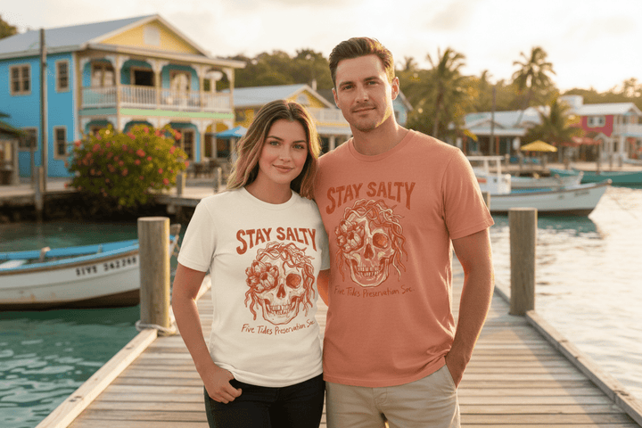 Couple wearing terracotta and natural Stay Salty Five Tides Preservation Soc. t-shirts on tropical island beach town boat dock