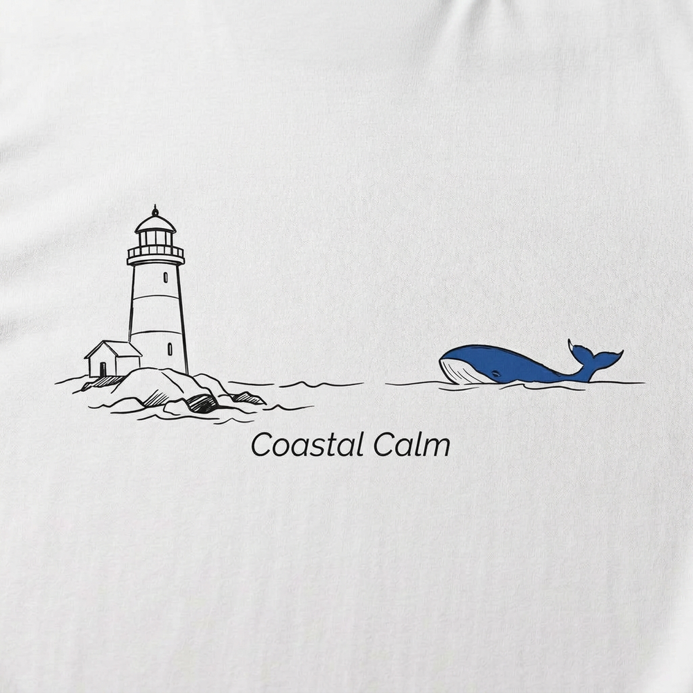 White Coastal Soul Lighthouse and Whale tee lighthouse line art blue whale and Coastal Calm caption close-up