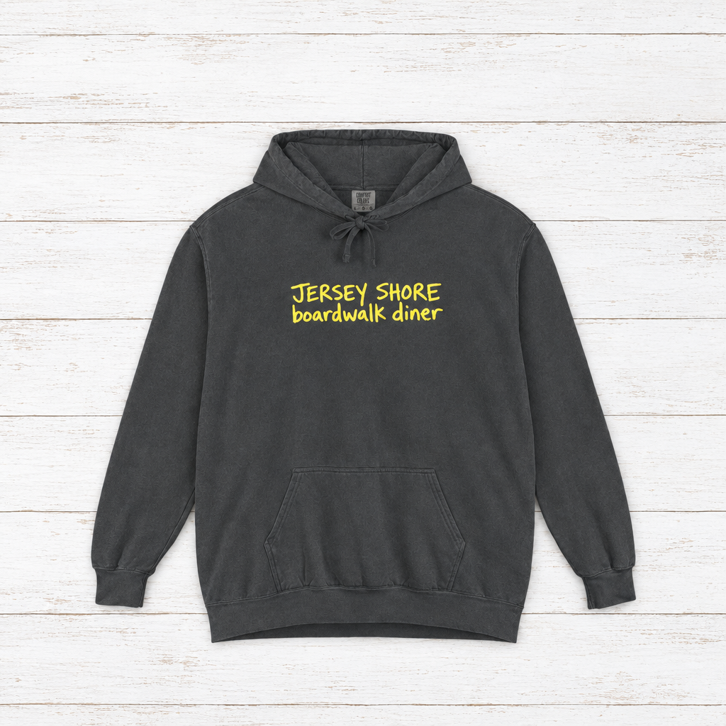Jersey Shore Boardwalk Diner hoodie flat lay on whitewashed boards