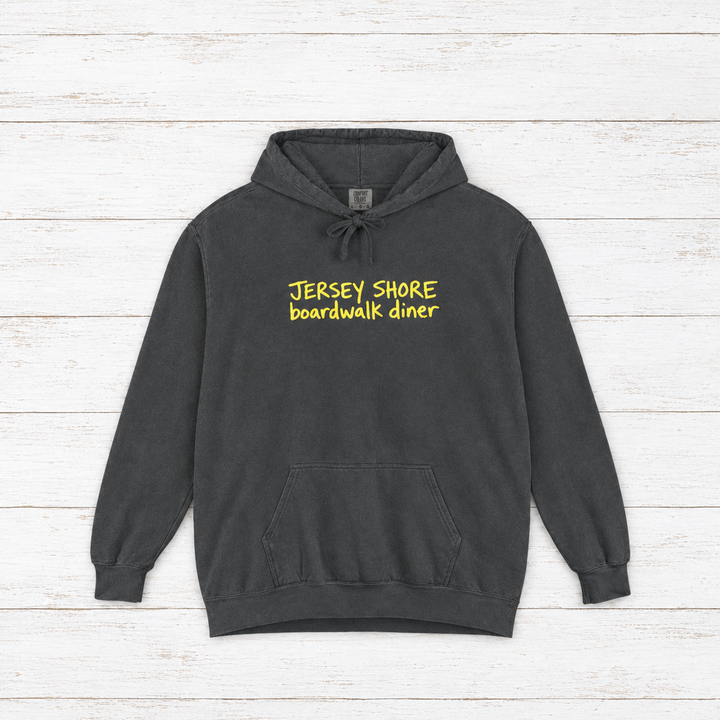 Jersey Shore Boardwalk Diner hoodie flat lay on whitewashed boards