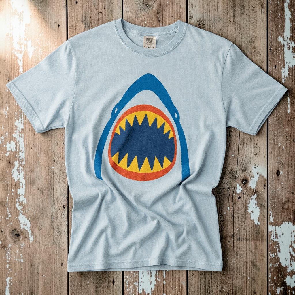 Vintage Surf Shark chambray garment-dyed tee on faded driftwood planks