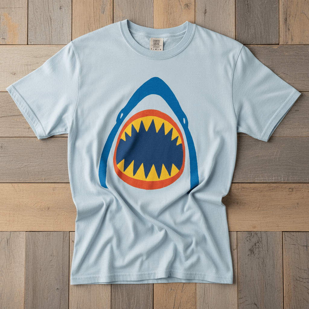 Vintage Surf Shark chambray garment-dyed tee on faded driftwood planks