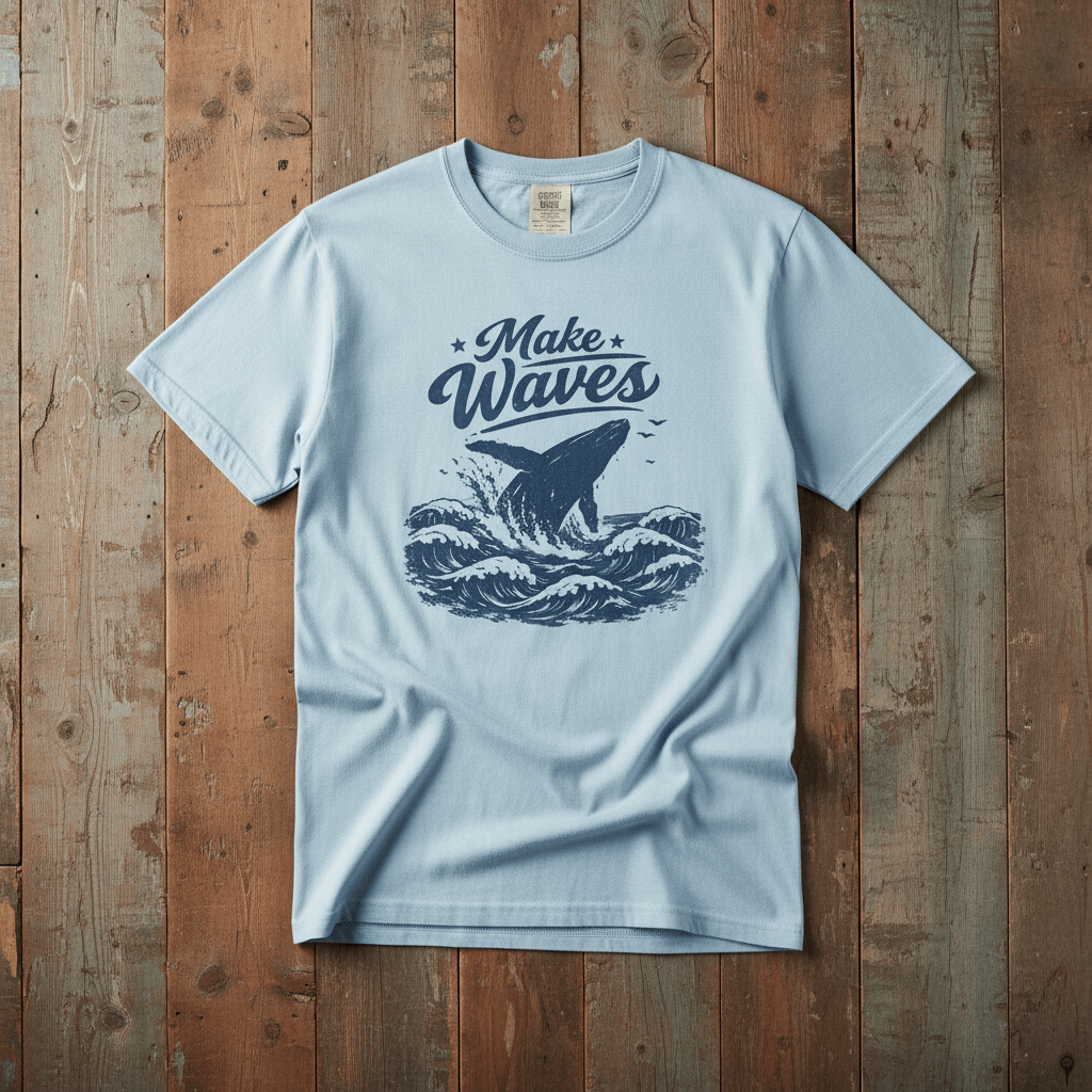 Make Waves chambray garment-dyed whale tee casually tousled on rustic reclaimed wood
